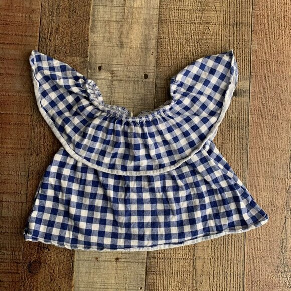 Zara Girls size 8 Blue and White Gingham Off The Shoulder Crop Top - Picture 1 of 4